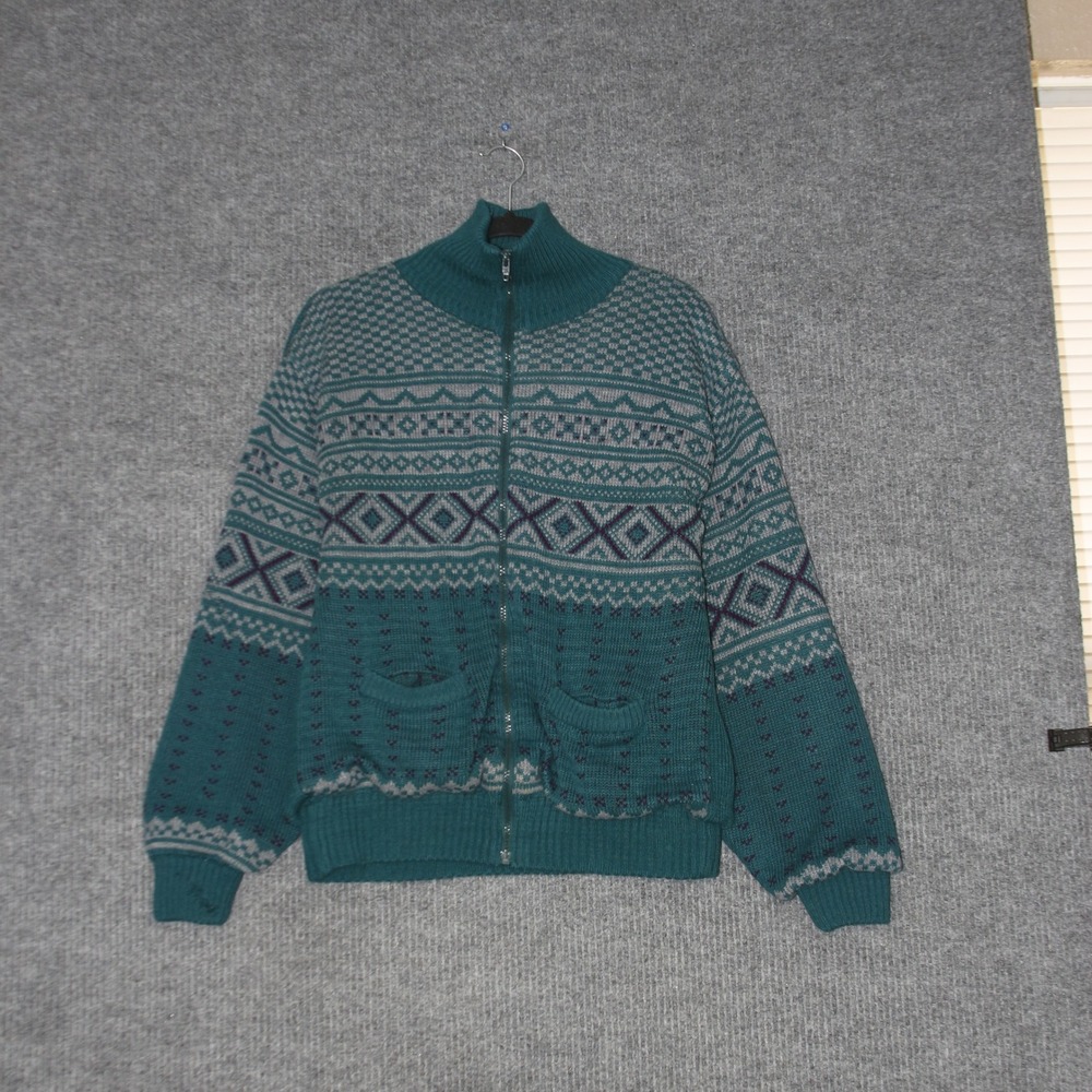 Ash Creek Trading Sweater Womens L Teal Grey Full Zip Fair Isle Geometric Knit